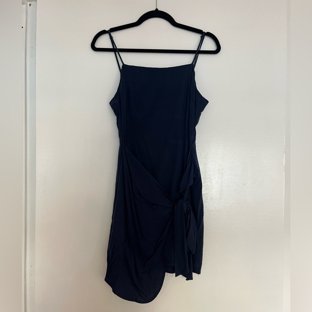 High Neck Drape Front Navy Mini Dress